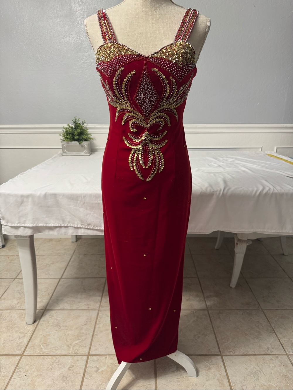 Red Embellished Evening Gown with Gold Accents